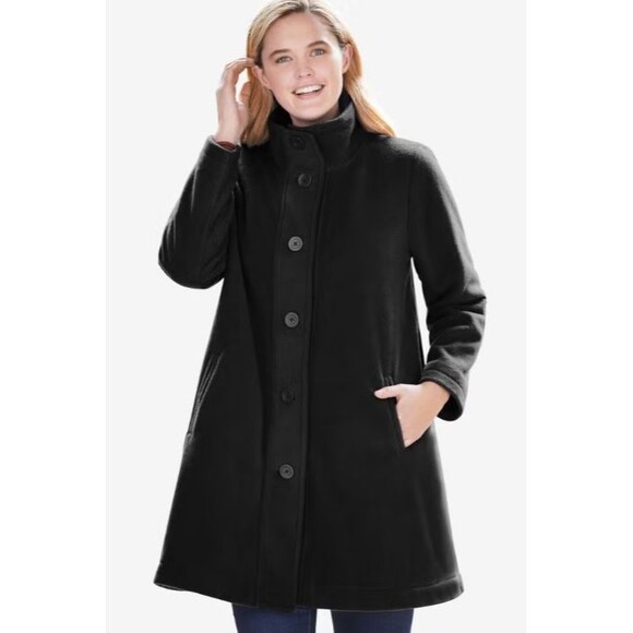 Woman Within Black Fleece Swing Funnel-Neck Coat Size 1X 22/24 Warm Fall Winter - Picture 1 of 13